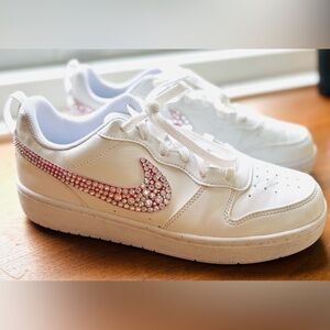Nike Big Kid 6 White sneakers with Rhinestones and pink accents